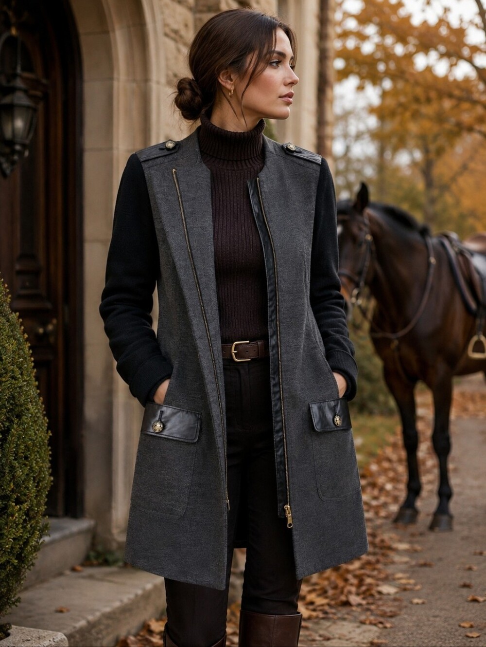 Ribbed Knit Sleeve Faux Leather Trim Military Jacket Long Coat Large Equestrian